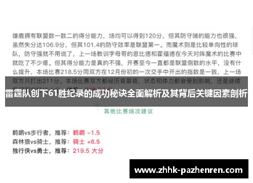 雷霆队创下61胜纪录的成功秘诀全面解析及其背后关键因素剖析