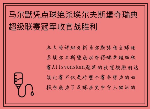 马尔默凭点球绝杀埃尔夫斯堡夺瑞典超级联赛冠军收官战胜利