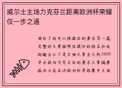 威尔士主场力克芬兰距离欧洲杯荣耀仅一步之遥
