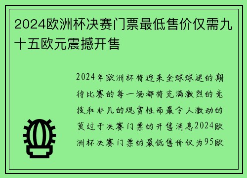 2024欧洲杯决赛门票最低售价仅需九十五欧元震撼开售