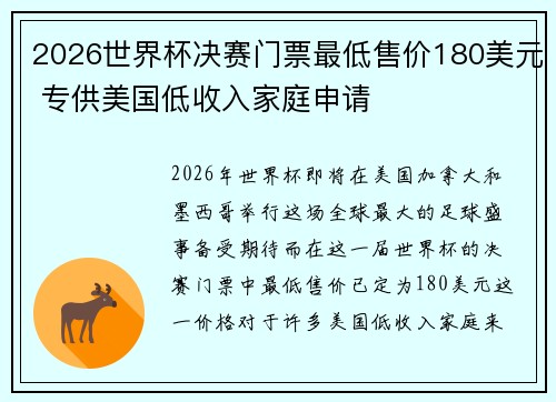 2026世界杯决赛门票最低售价180美元 专供美国低收入家庭申请
