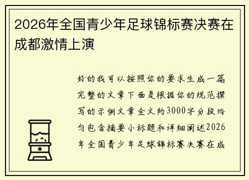 2026年全国青少年足球锦标赛决赛在成都激情上演